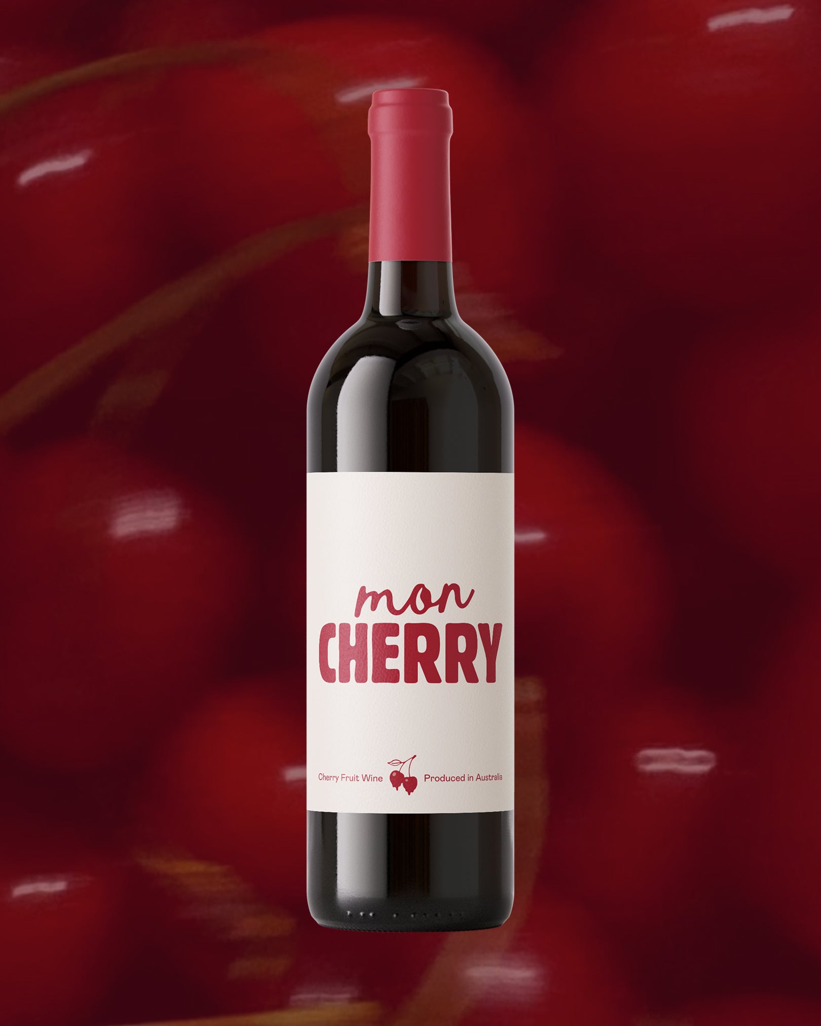 Mon Cherry cherry fruit wine bottle showcasing elegant front label design on cherry-themed background.