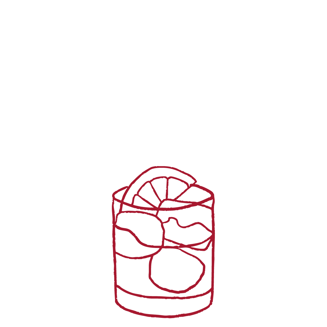 Illustration of a short glass with ice cubes and citrus garnish, symbolising the 'Over Ice' serving suggestion for Mon Cherry fruit wine.