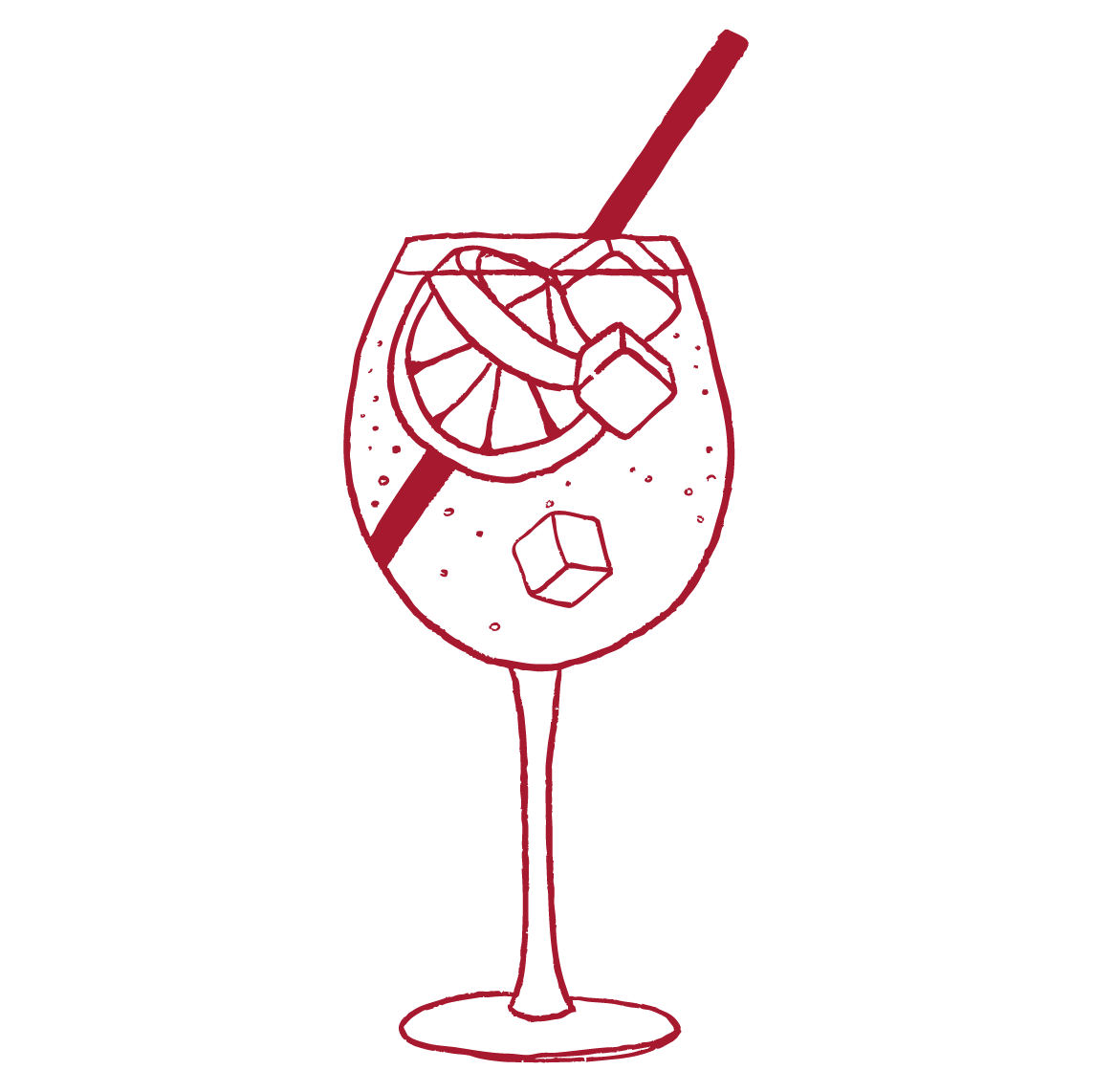 Outline of a stemmed glass with sparkling water, ice, and a straw, showcasing the 'Or Sparkling' serving option for Mon Cherry fruit wine.